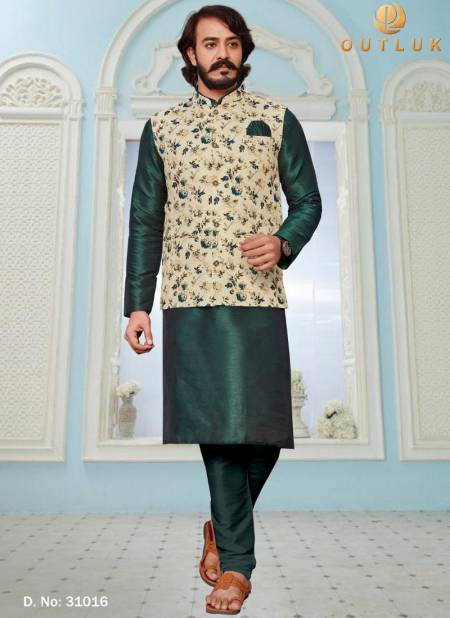Dark Green Colour Exclusive Festive Wear Digital Art Silk Printed Kurta Pajama With Jacket Mens Collection 31016